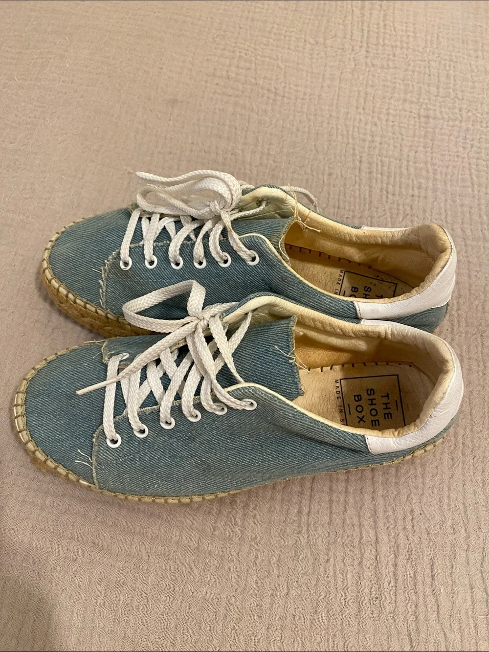 THE SHOE BOX Made in Spain Denim Espadrille Sneakers with White Laces. Size 38